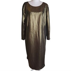 Akris Gold Metallic 100% Mulberry Silk Sheath Dress Sz 16 Evening Party Wedding